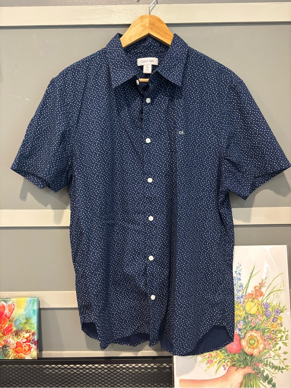 Calvin Klein Navy Blue Short Sleeve Button-Down Shirt with White Dot Print